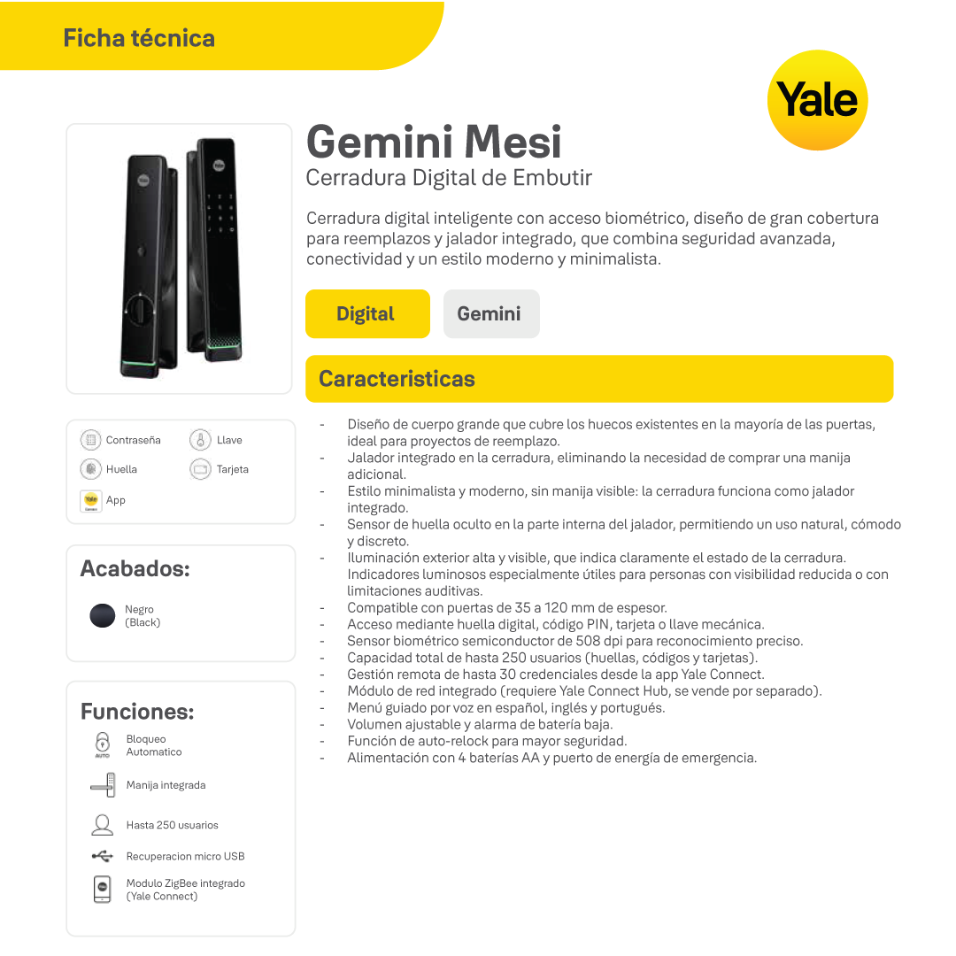 Cerradura Digital de Embutir Gemini Mesi + kit yale connect