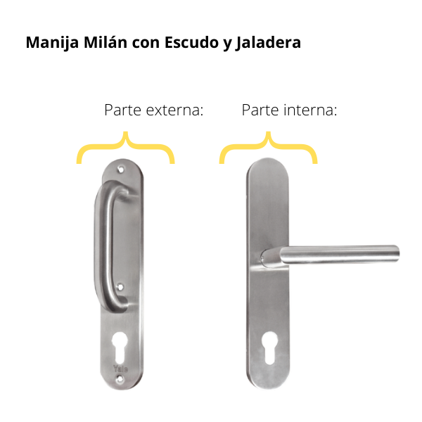 Kit Cerradura de Embutir 4 bulones + Manija Milán con Escudo y Jaladera + Cilindro Llave - Mariposa (llave plana)