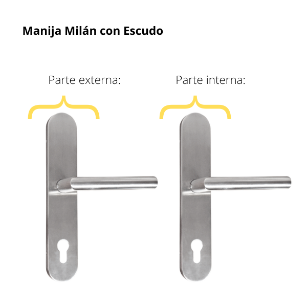 Kit Cerradura de Embutir 4 bulones + Manija Milán con Escudo + Cilindro Llave - Llave (llave de sierra)