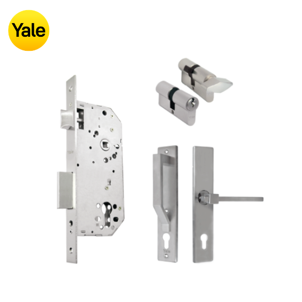 Kit Cerradura de Embutir 50mm + Manija Turín con Escudo y Jaladera + Cilindro Llave - Mariposa (llave de sierra)