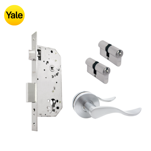 Kit Cerradura de Embutir 50mm + Manija Aston + Cilindro Llave - Llave (llave de sierra)