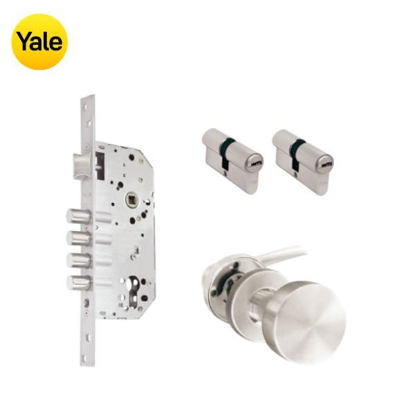 Kit Cerradura de Embutir 4 bulones + Manija London con Jaladera + Cilindro Llave - Llave (llave plana)