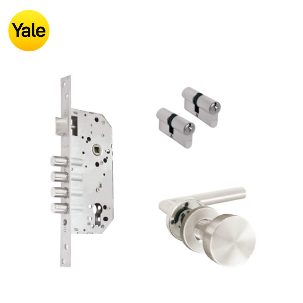 Kit Cerradura de Embutir 4 bulones + Manija London con Jaladera + Cilindro Llave - Llave (llave de sierra)