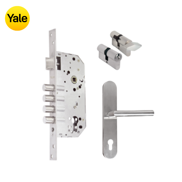 Kit Cerradura de Embutir 4 bulones + Manija Milán con Escudo + Cilindro Llave - Mariposa (llave de sierra)