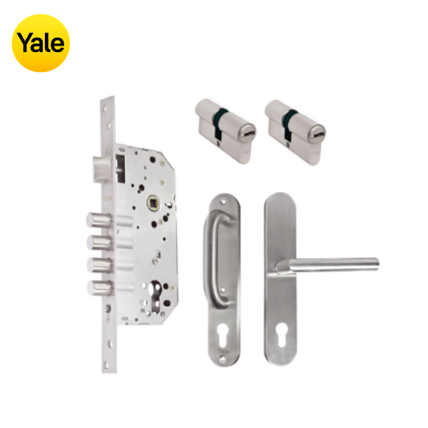 Kit Cerradura de Embutir 4 bulones + Manija Milán con Escudo y Jaladera + Cilindro Llave - Llave (llave plana)