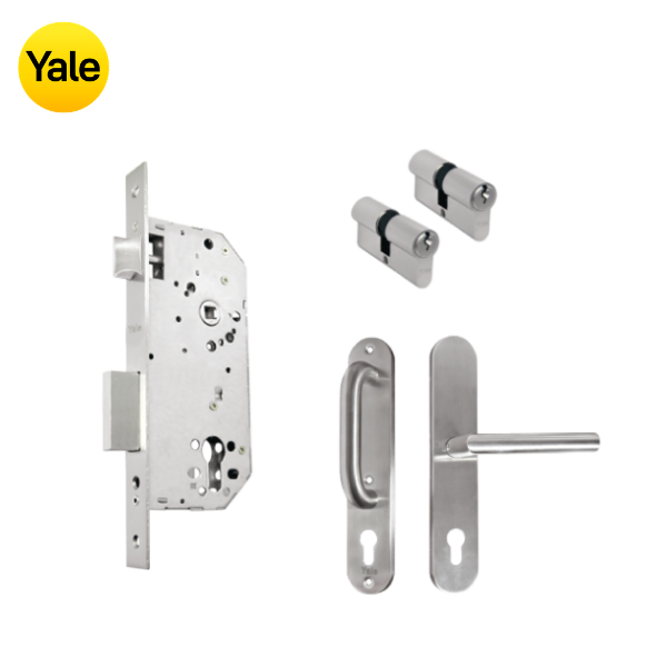 Kit Cerradura de Embutir 50mm + Manija Milán con Escudo y Jaladera + Cilindro Llave - Llave (llave de sierra)