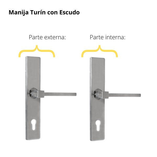 Kit Cerradura de Embutir 4 bulones + Manija Turín con Escudo + Cilindro Llave - Mariposa (llave plana)