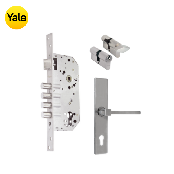 Kit Cerradura de Embutir 4 bulones + Manija Turín con Escudo + Cilindro Llave - Mariposa (llave plana)