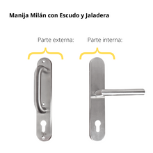 Kit Cerradura de Embutir 50mm + Manija Milán con Escudo y Jaladera + Cilindro Llave - Llave (llave plana)