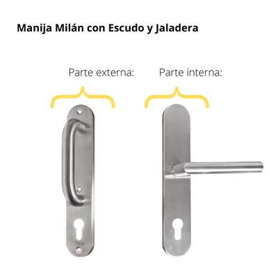 Kit Cerradura de Embutir 4 bulones + Manija Milán con Escudo y Jaladera + Cilindro Llave - Mariposa (llave plana)