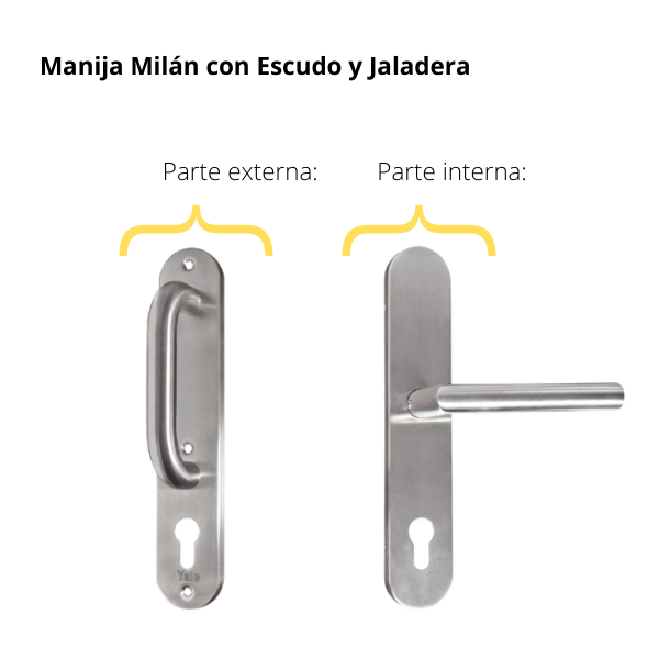 Kit Cerradura de Embutir 4 bulones + Manija Milán con Escudo y Jaladera + Cilindro Llave - Mariposa (llave de sierra)