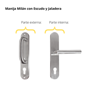 Kit Cerradura de Embutir 50mm + Manija Milán con Escudo y Jaladera + Cilindro Llave - Mariposa (llave plana)