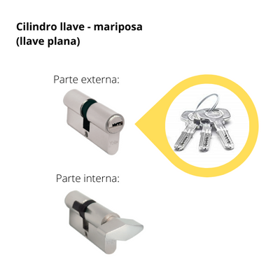 Kit Cerradura de Embutir 4 bulones + Manija Turín con Escudo y Jaladera + Cilindro Llave - Mariposa (llave plana)