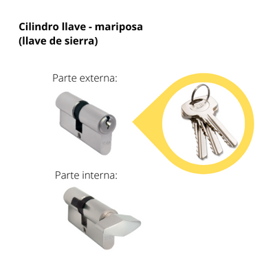 Kit Cerradura de Embutir 4 bulones + Manija Turín con Jaladera + Cilindro Llave - Mariposa (llave de sierra)