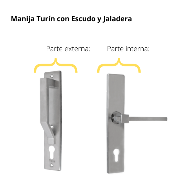Kit Cerradura de Embutir 4 bulones + Manija Turín con Escudo y Jaladera + Cilindro Llave - Llave (llave de sierra)