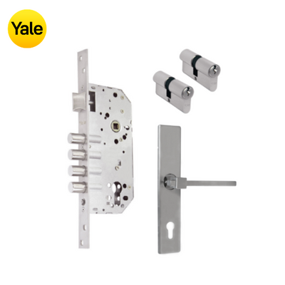 Kit Cerradura de Embutir 4 bulones + Manija Turín con Escudo + Cilindro Llave - Llave (llave de sierra)
